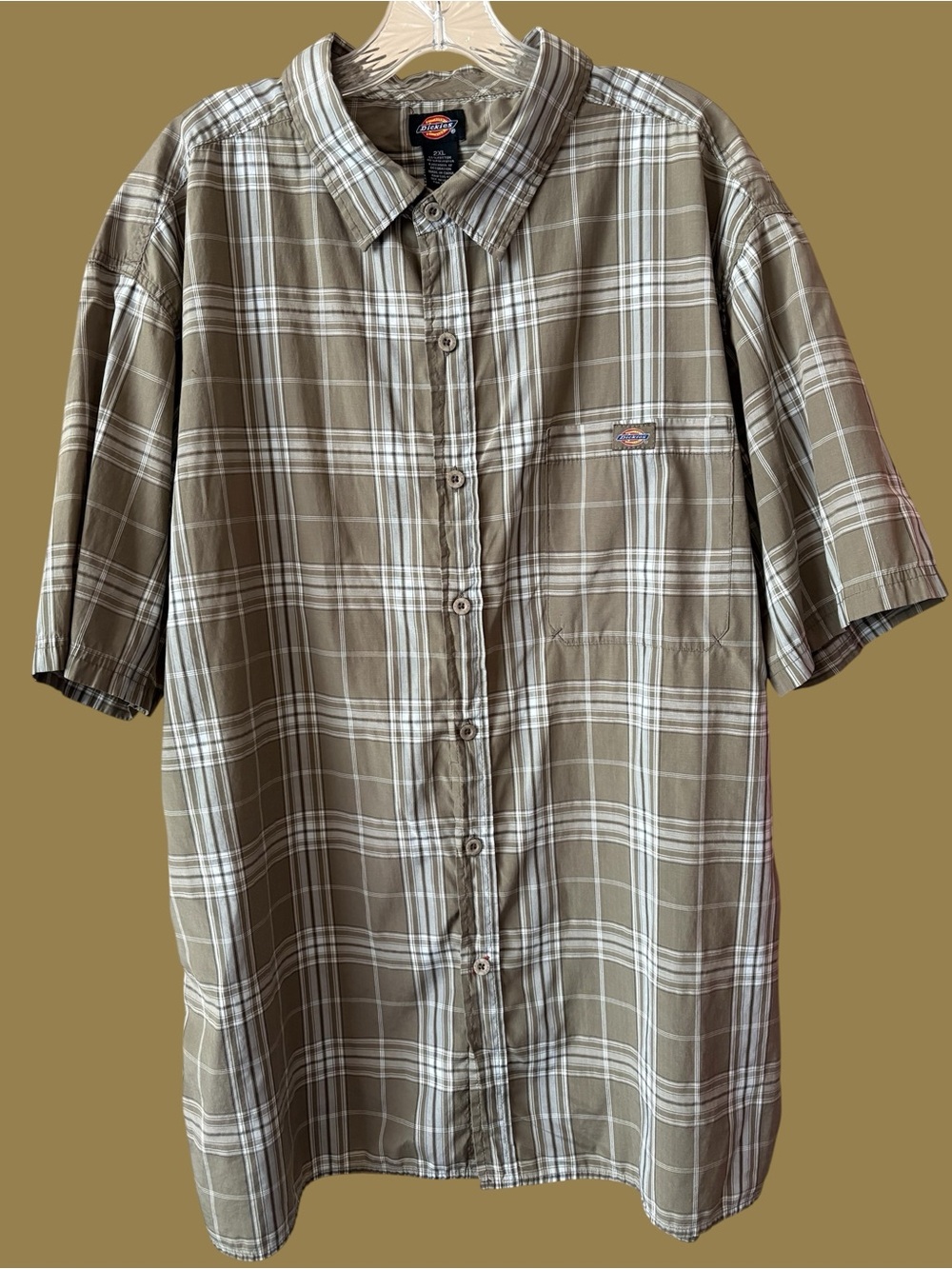 Dickies Olive and White Men's Plaid Short Sleeve Button-Up